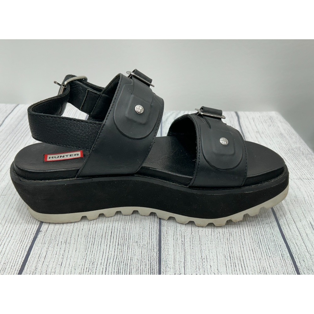 Hunter Sandals Womens Size 8? Black Leather Double Buckle Strap Platform Chunky - Picture 3 of 13